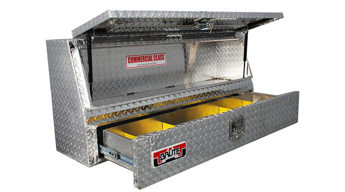Toolbox with open lid and one drawer on a white background.  Brute Small Toolbox for commercial trucks.