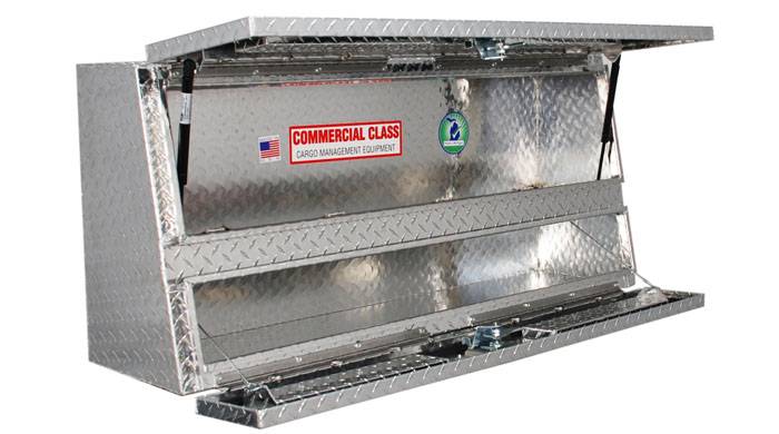 Metal toolbox with diamond plate surface. Small 48" toolbox for commercial trucks