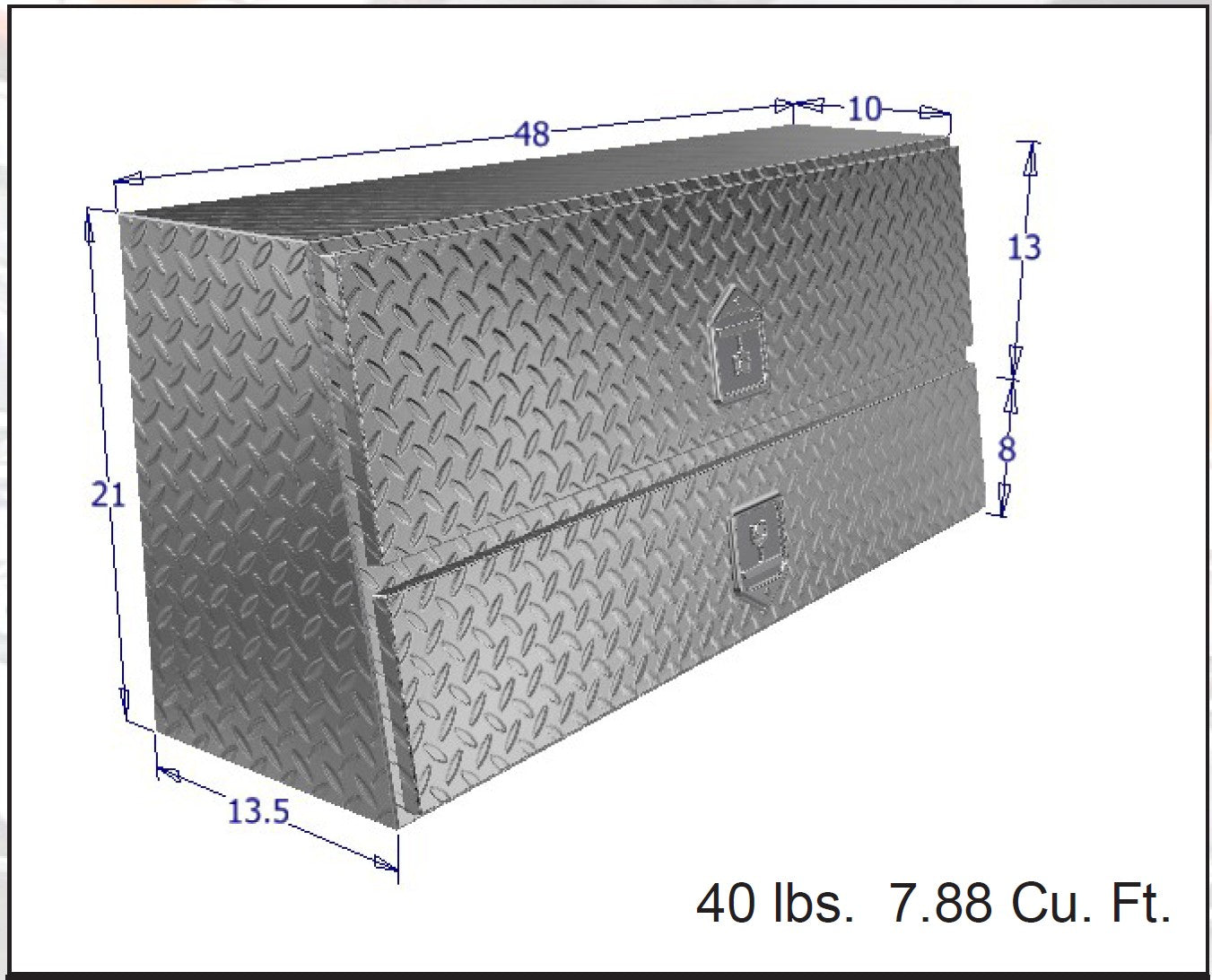 Diagram of a metal toolbox with dimensions and weight on a white background