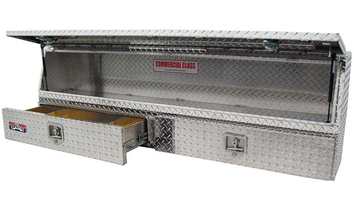 Silver Brute toolbox with open drawer for Commercial trucks.