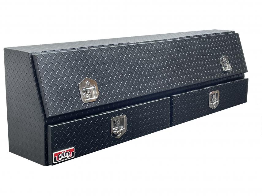 Black toolbox with diamond plate pattern on a white background