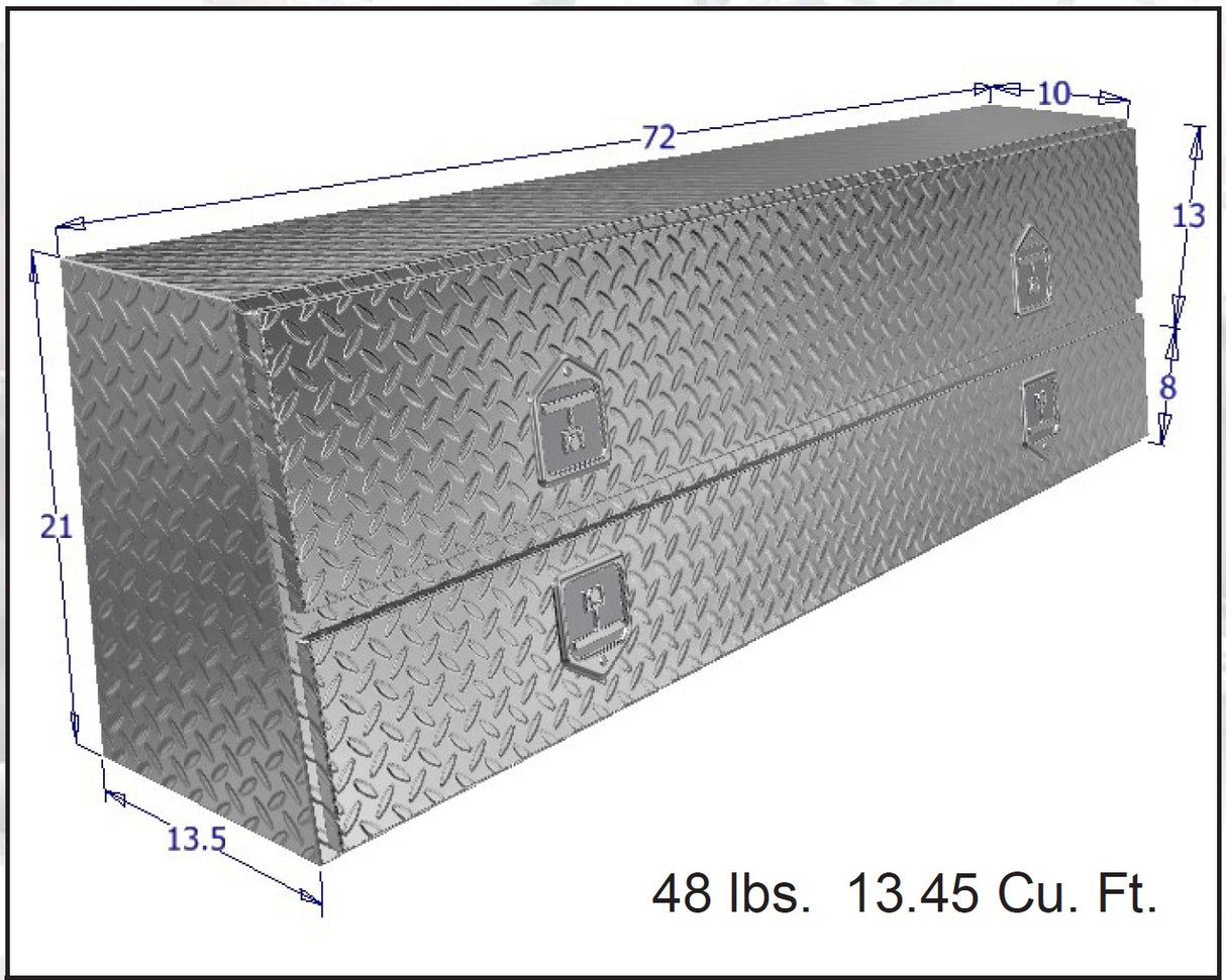 Diagram of a rectangular metal toolbox with dimensions for commercial trucks.