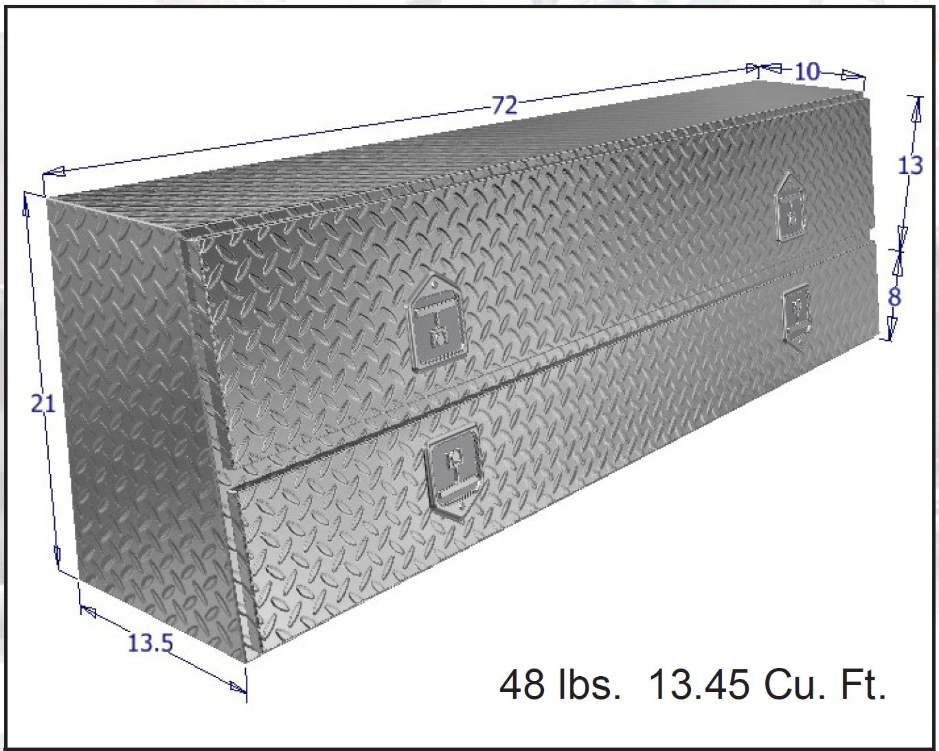 Diagram of a rectangular metal toolbox with dimensions for commercial trucks.