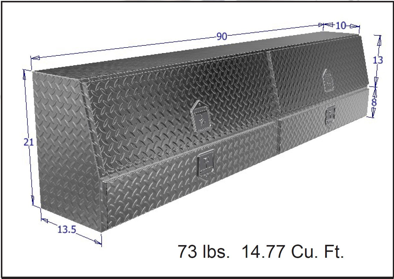 Tool box with dimensions and weight information on a white background