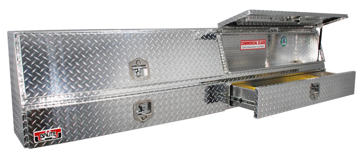 Metal tool box with two doors on the top and two drawers on the bottom for commercial vehicles.