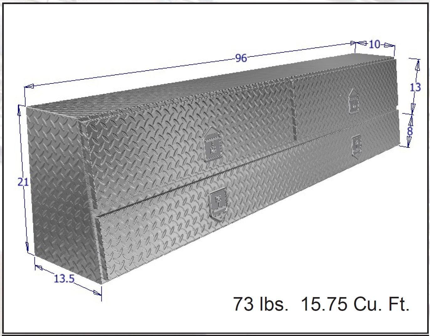 Dimensions of a metal toolbox with weight and volume information.