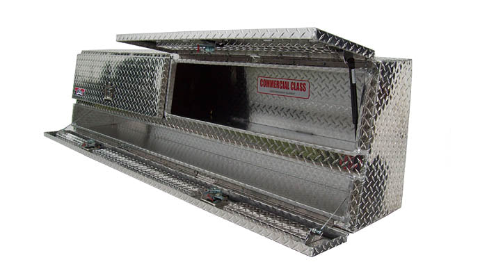 metal toolbox with two doors on the top and one large door on the bottom for storage.