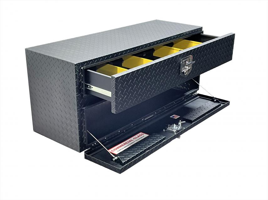 undermount tool box with drawers and doors locking in black powder coat