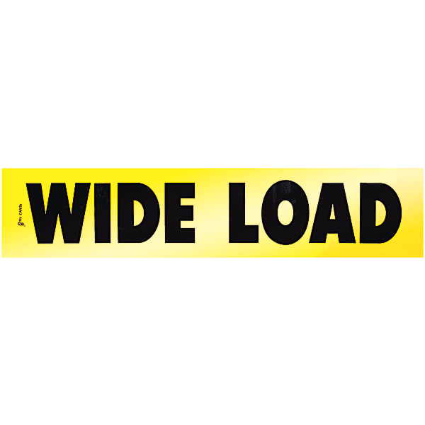 A yellow reflective decal with the words 'Wide Load' in black lettering.