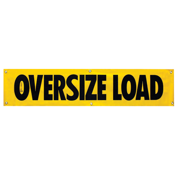 A yellow rectangular vinyl banner with black text that reads 'Oversize Load' and additional text that is not visible.