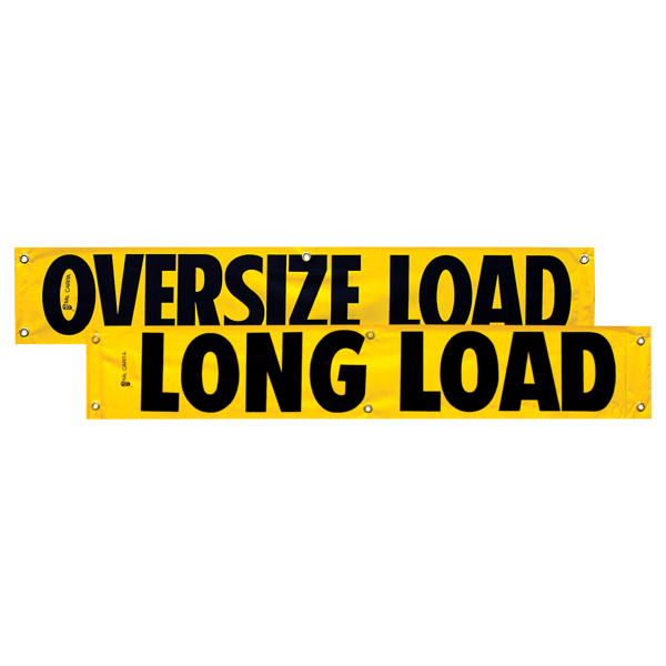 Vinyl Two Sided Oversize Load/Long Load Banner 12 Inch x 72 Inch in bright yellow, featuring bold black lettering.