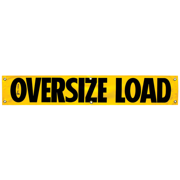 A yellow vinyl banner with the words 'OVERSIZE LOAD' in bold black letters, featuring large grommets for mounting.