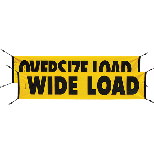 A yellow and black 'Oversize Load Wide Load' banner with bungee cords attached for safety signage.