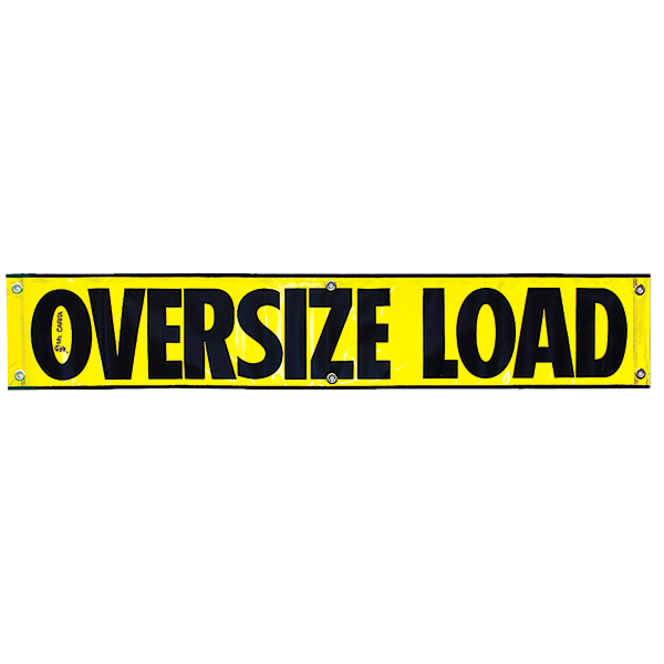 A yellow reflective oversize load banner with black lettering stating 'Oversize Load' and the brand 'SafeTrucks'.