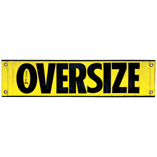 A yellow oversize banner with black text, mounted on a black grommet, with the text 'Oversize' prominently displayed.