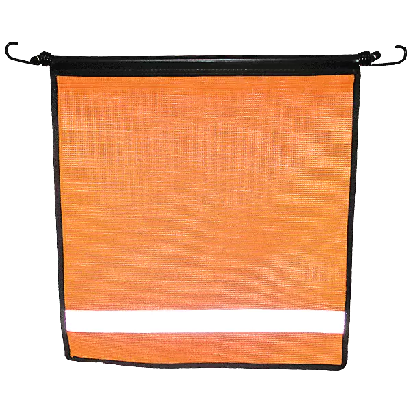 A reflective orange mesh bungee flag with black vinyl coated polyester trim.
