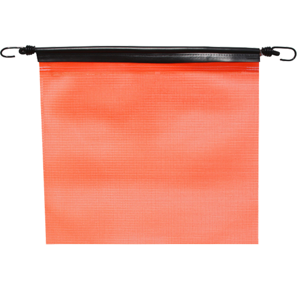 A bright orange, mesh bungee flag with heavy duty vinyl coated polyester construction, designed for visibility and durability.