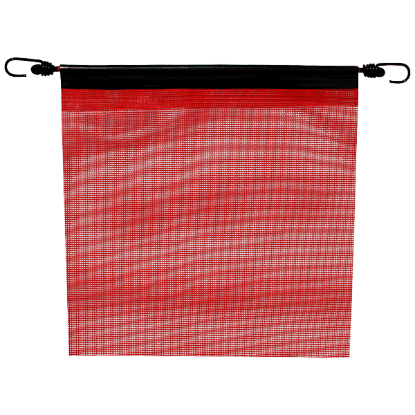 A red mesh bungee flag with metal grommets on the corners, designed for visibility and strength.