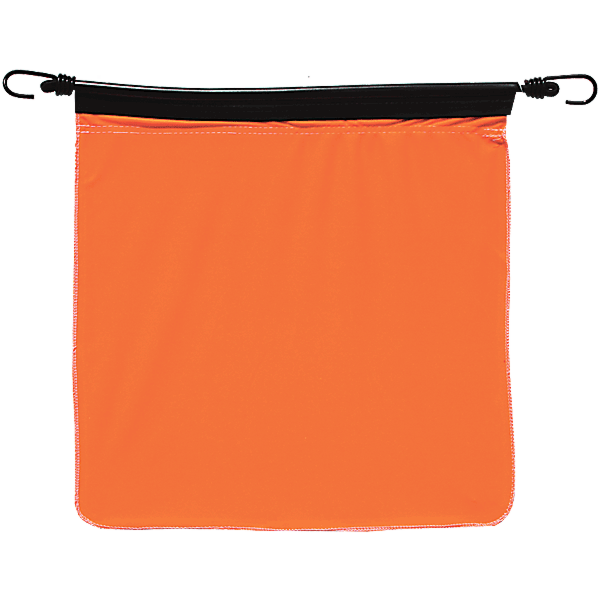 An 18-inch orange square poly bungee flag with metal grommets on the corners for hanging.