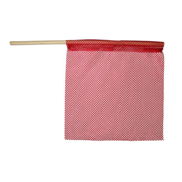 A red staff flag with a dowel pocket, designed for attachment to vehicles for visibility on the highway.