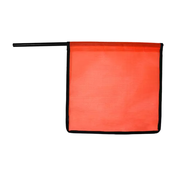 An orange staff flag with a mesh texture mounted on a wooden dowel, designed for visibility on highways.