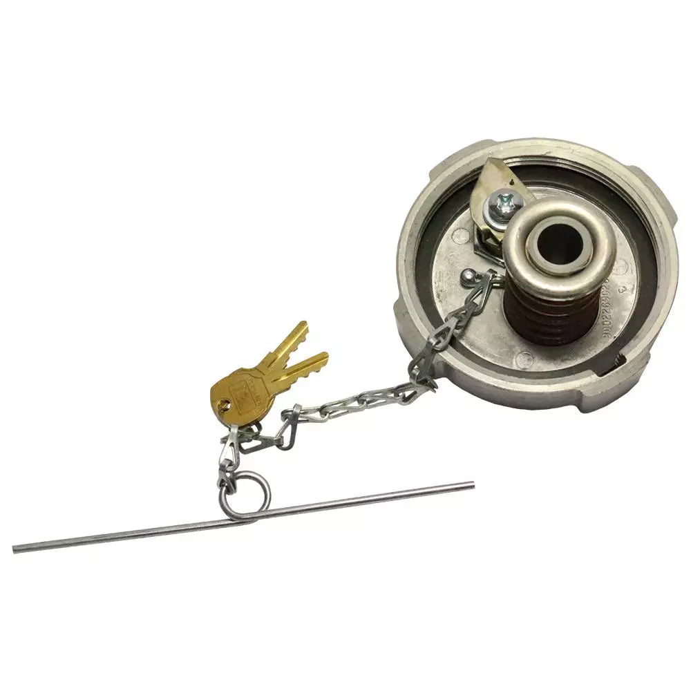 Locking aluminum fuel cap for Volvo, Mack, and International Trucks - Pressure relief design, includes two keys.