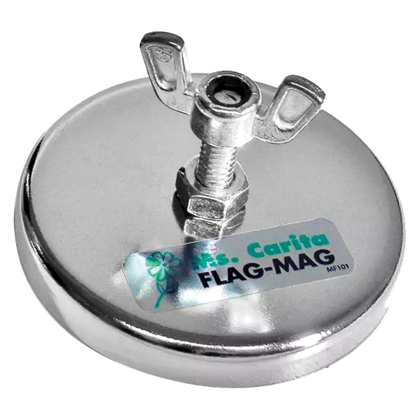 A round silver magnetic flag holder with a chrome cup and a wing nut, designed to attach flags to steel surfaces.