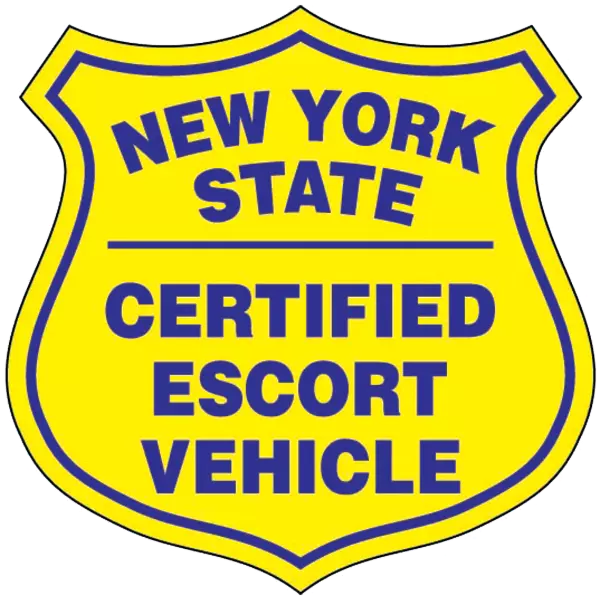 A pair of New York State certified escort vehicle decals, with blue lettering on a yellow background, shaped in a shield form.