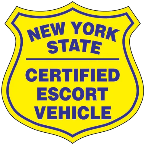 New York State Escort Magnet (PAIR) in blue on yellow, essential for escorts and pilot cars. Made in the USA.
