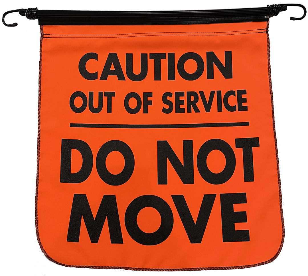 Orange sign with black text 'Caution Out of Service Do Not Move' on a clear background