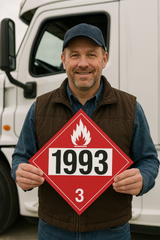 Man holding a hazardous materials sign in front of a truck