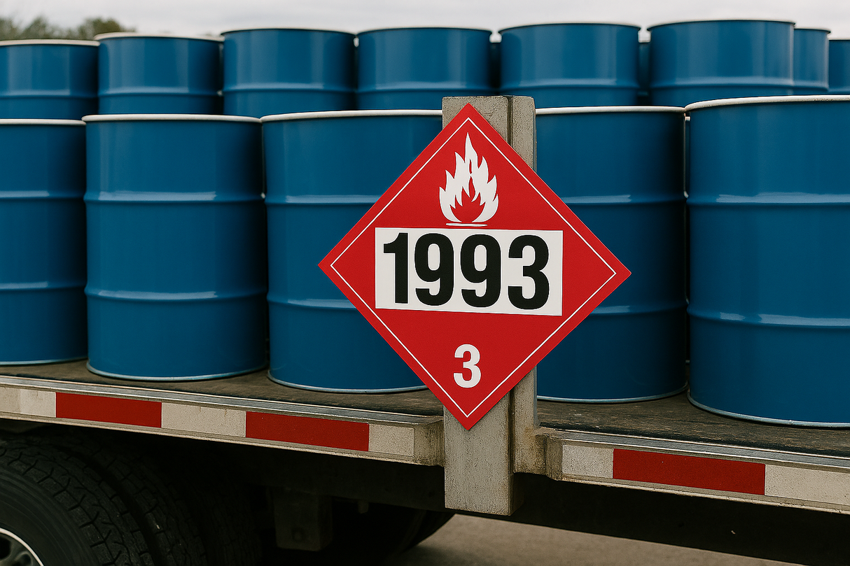 Blue barrels on a truck with a red and white hazard sign displaying the number 1993.