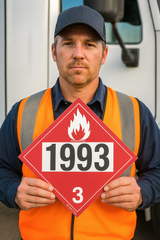 Man in safety vest holding a hazardous material sign with number 1993