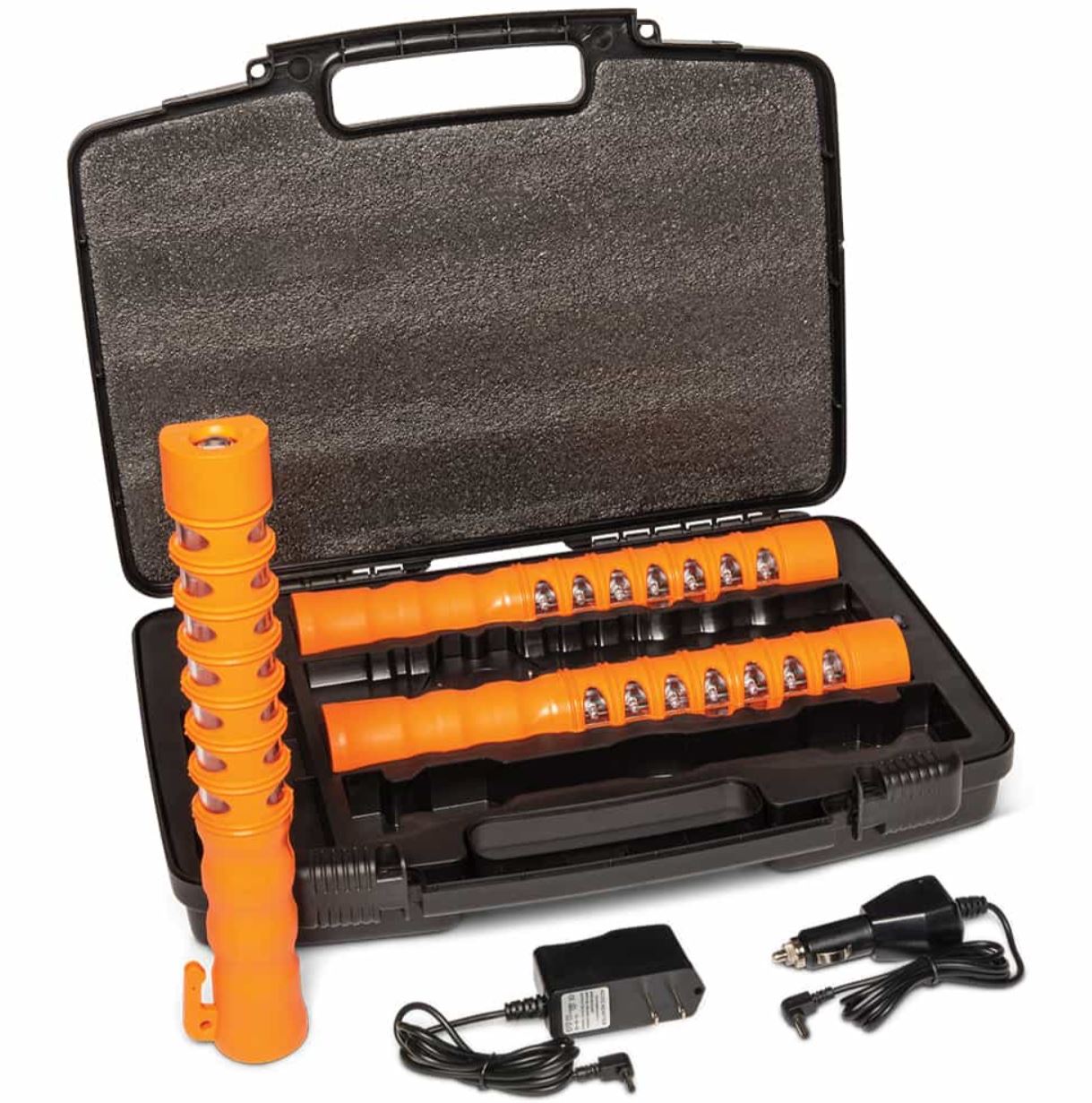 Set of orange LED flashlights with black case and accessories on a white background