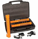 Set of orange LED flashlights with black case and accessories on a white background