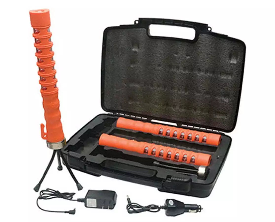 Set of orange batons in a black carrying case with accessories on a white background