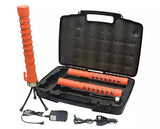 Set of orange batons in a black carrying case with accessories on a white background