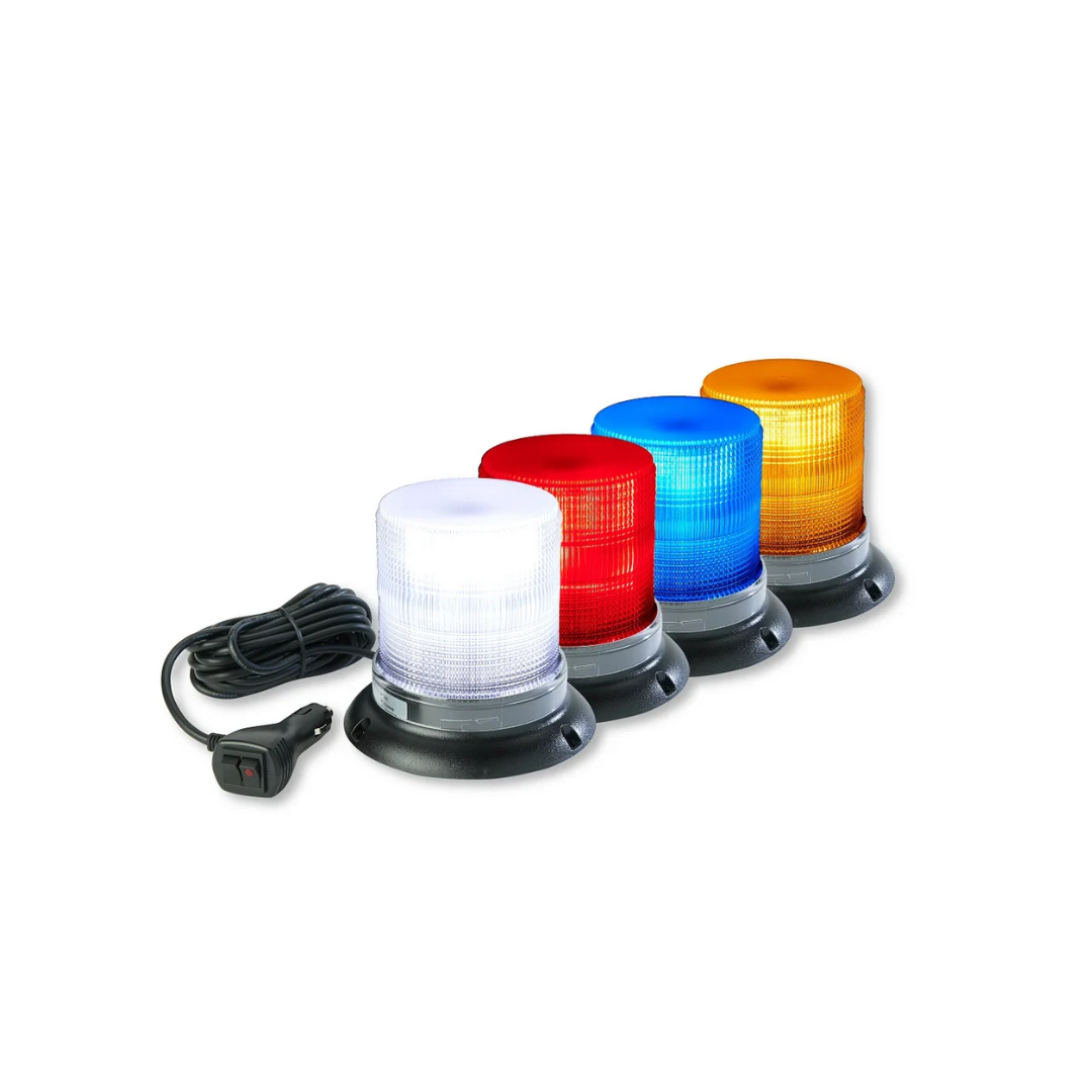 set of four colored warning beacon lights with white background