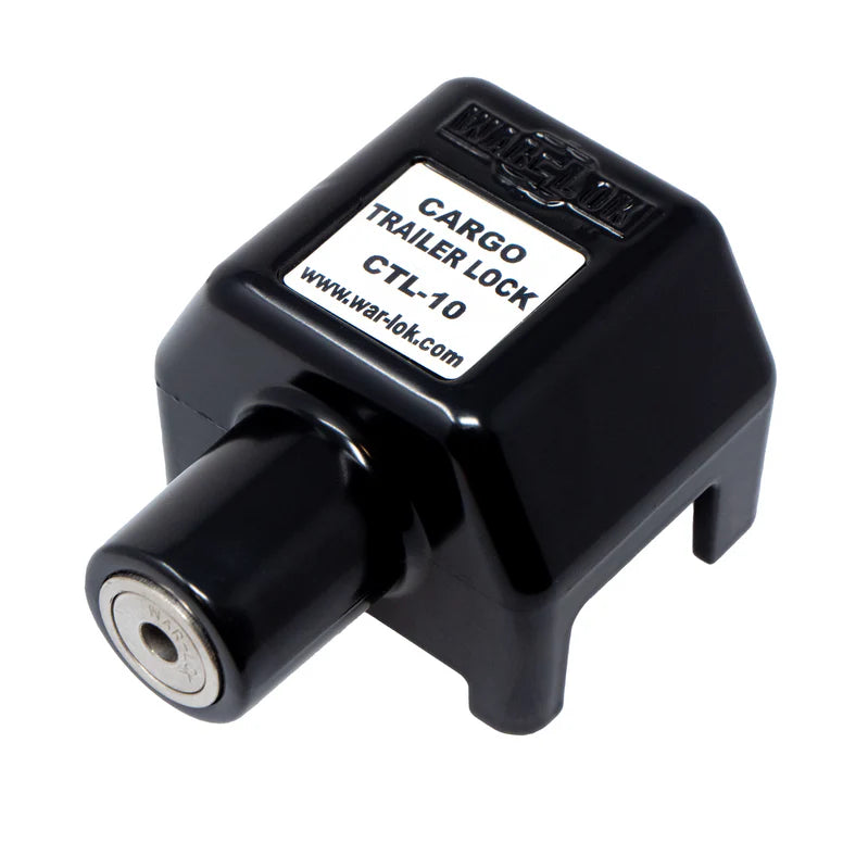 Black cargo trailer lock with label on a white background