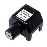 Black cargo trailer lock with label on a white background