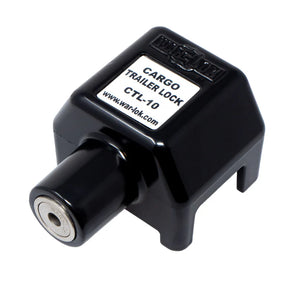 Black cargo trailer lock with label on a white background