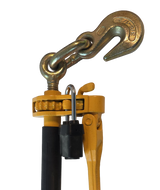 Yellow ratcheting strap with a metal hook on a white background