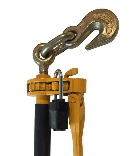 Yellow ratcheting strap with a metal hook on a white background
