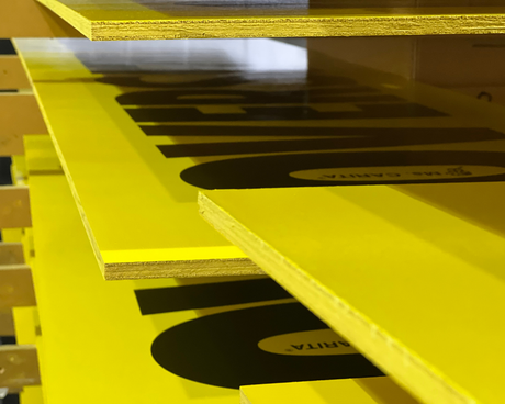 Yellow shelf with black labels on a white background
