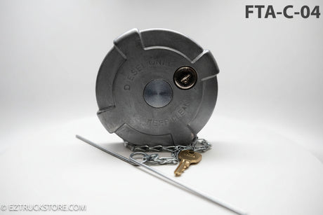 Gray fuel cap with chain and key on a white background