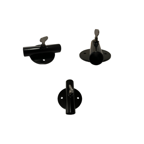 Three black metal hooks on a white background