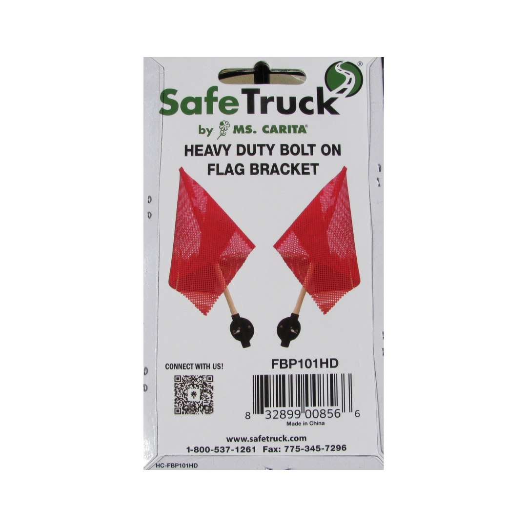SafeTruck heavy-duty bolt-on flag bracket packaging with red flags and black brackets.