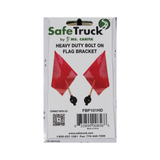 SafeTruck heavy-duty bolt-on flag bracket packaging with red flags and black brackets.