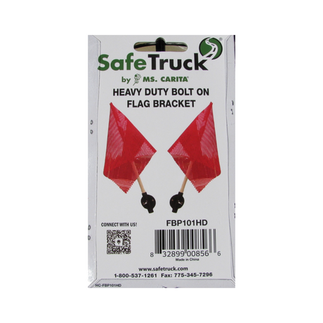 SafeTruck heavy-duty bolt-on flag bracket packaging with red flags and black brackets.