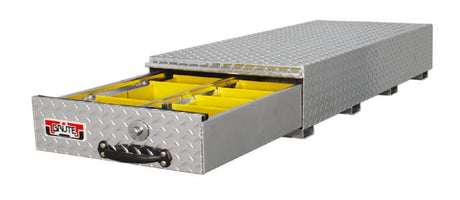 Metal storage drawer with yellow interior on a white background
